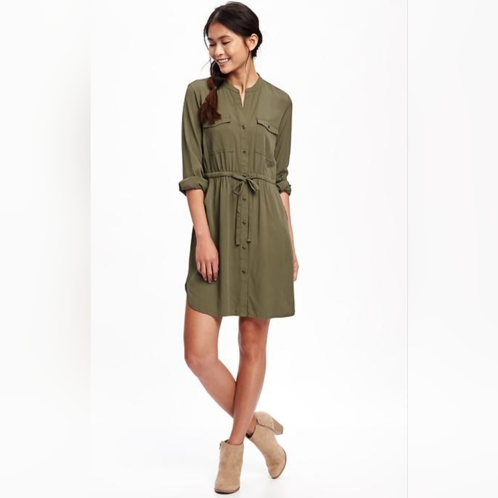 Gap Green long sleeve button up tie waist shirt dress casual Size Large
